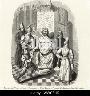 Il re Edoardo III di Inghilterra che rilascia una sfida al re Filippo VI per la corona francese, 1338. Seduti su un trono in armorial vesti decorate con il francese fleur-de-lys stemma.Xilografia dopo un manoscritto illuminato da Sir John Froissart di Cronache di Inghilterra, Francia, Spagna e Paesi limitrofi, da quest'ultima parte del regno di Edoardo II per la incoronazione di Enrico IV, George Routledge, Londra, 1868. Foto Stock