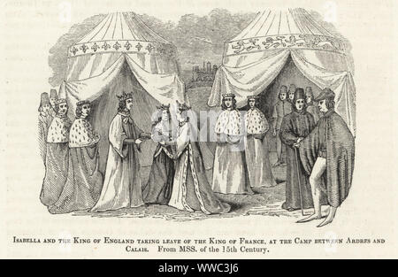 Isabella di Valois, figlia del re Carlo VI di Francia, data in sposa a re Riccardo II d'Inghilterra in una tenda tra Ardres e Calais, 1396. Il 7-anno vecchio princess è abbracciato dalla 29-anno-vecchio re di fronte cortigiani in ermellino e tende con fleur-de-lys e leoni. Xilografia dopo un manoscritto illuminato da Sir John Froissart di Cronache di Inghilterra, Francia, Spagna e Paesi limitrofi, da quest'ultima parte del regno di Edoardo II per la incoronazione di Enrico IV, George Routledge, Londra, 1868. Foto Stock