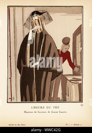 Donna in pelliccia con colletto alto e velo. Hotel boy la levata il suo cappello a lei. Ora del tè. L'heure du l. Manteau de fourrure de Jeanne Lanvin. Pochoir Handcolored litografia da Edouardo Garcia Benito da Lucien Vogel Le Bon Genere: 100 Piastre da Gazette du Bon Ton, Brentano, Parigi, 1922. Foto Stock