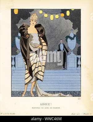 La donna a ricoprire la sera lasciando un partito, 1921. Il mantello è di velluto nero con bande di colore grigio e nero di paillettes. Un uomo in bianco-tie orologi da terrazza sotto lanterne. Addio! Adieu! Manteau du soir, de vale la pena, en velluti noir, traversa alternativement de ampia bandes pailletees acier, et de bandes plus pailletees etroites noir. Le col fronce est egalement en velluti, noue par deux rubans tenus par une cocarde de satin cera et de fleurettes. Pochoir Handcolored litografia da Lucien Vogel Le Bon Genere: 100 Piastre da Gazette du Bon Ton, Brentano, Paris, 1921. Foto Stock