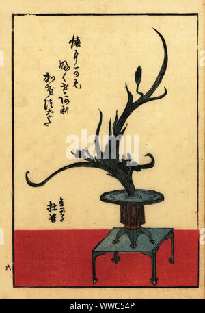 Composizione floreale giapponese con foglie e fiori, un vaso e vassoio. Woodblock Handcolored hanga incisione da un libro di scuola Shinshintei di Ikebana, 1835. Foto Stock