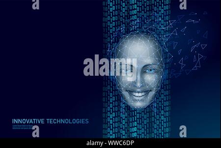 Bassa poli femmina faccia umana identificazione biometrica. Sistema di riconoscimento del concetto. Dati personali accesso sicuro la scansione di innovazione tecnologica. 3D Illustrazione Vettoriale