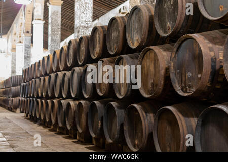 Produzione di jerez fortificato, XERES, i vini di Xeres in vecchie botti di rovere nel triangolo dello sherry, Jerez de la Frontera la Frontera, El Puerto de Santa Maria e Sanlucar de Barrameda Bar Foto Stock