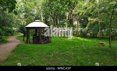 Sentiero in ghiaia nella verde foresta estiva che conduce ad un gazebo in legno per la preparazione della griglia Foto Stock