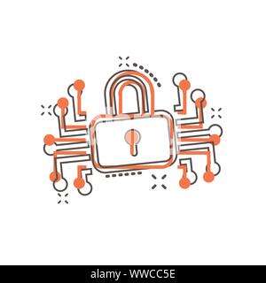 Cyber security icona in stile fumetto. Lucchetto bloccato vettore illustrazione cartoon bianco su sfondo isolato. Password chiuso la concezione di business splash e Illustrazione Vettoriale