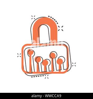 Cyber security icona in stile fumetto. Lucchetto bloccato vettore illustrazione cartoon bianco su sfondo isolato. Password chiuso la concezione di business splash e Illustrazione Vettoriale