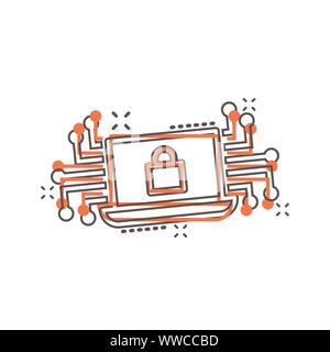 Cyber security icona in stile fumetto. Lucchetto bloccato vettore illustrazione cartoon bianco su sfondo isolato. Business notebook concetto effetto splash. Illustrazione Vettoriale