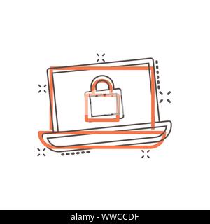 Cyber security icona in stile fumetto. Lucchetto bloccato vettore illustrazione cartoon bianco su sfondo isolato. Business notebook concetto effetto splash. Illustrazione Vettoriale