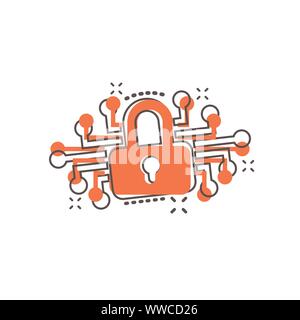 Cyber security icona in stile fumetto. Lucchetto bloccato vettore illustrazione cartoon bianco su sfondo isolato. Password chiuso la concezione di business splash e Illustrazione Vettoriale