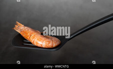 Accurata selezione di gamberi jumbo per la cena sulla lastra di pietra. Posto per il testo. Foto Stock