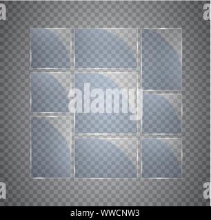 Vettore trasparente moderno di lastre di vetro impostato su sfondo trasparente. Illustrazione Vettoriale