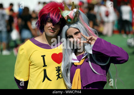 Lisbona, Portogallo. Xiv Sep, 2019. Cosplayers frequentare il fumetto con il Portogallo 2019 il giorno 3, a Lisbona, in Portogallo, il 14 settembre 2019. Credito: Pedro Fiuza/ZUMA filo/Alamy Live News Foto Stock