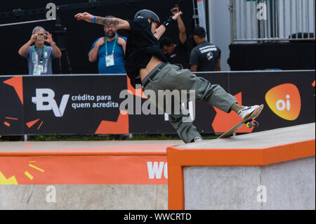 Sao Paulo, Brasile . Xv Sep, 2019. 13 settembre 2019; Parco Candido Portinari, Sao Paulo, Brasile; Mondo Skate Park skateboard Campionato mondiale; Pedro Quintas di credito Brasile: Azione Plus immagini di sport/Alamy Live News Foto Stock