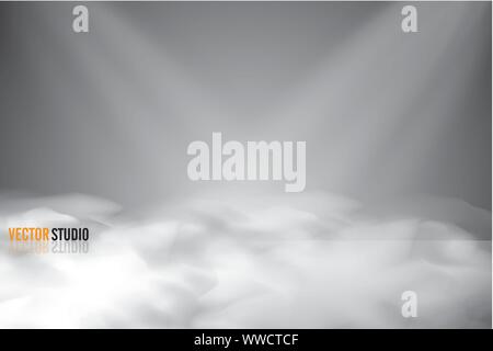 Podio rotondo, piedistallo o piattaforma illuminata da proiettori su sfondo grigio. Stadio con luci di New Scenic 5 posti. Illustrazione Vettoriale. Il fumo e la nebbia Illustrazione Vettoriale
