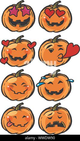 Amore cuore passione confusione Emoji Zucca di Halloween insieme. comic cartoon arte pop retrò illustrazione vettoriale disegno Illustrazione Vettoriale