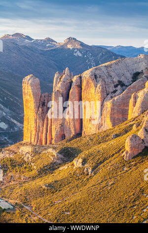 Mallos de Riglos al tramonto, Riglos, La Hoya, Huesca, Spagna Foto Stock