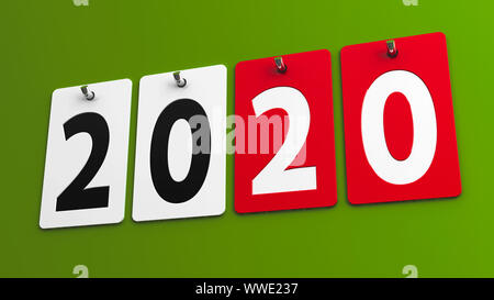 Piastre 2020 sulla parete verde, rappresenta il nuovo anno 2020, tridimensionale, rendering 3D illustrazione Foto Stock