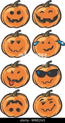 Smile divertente scherzo Emoji Zucca di Halloween insieme. comic cartoon arte pop retrò illustrazione vettoriale disegno Illustrazione Vettoriale