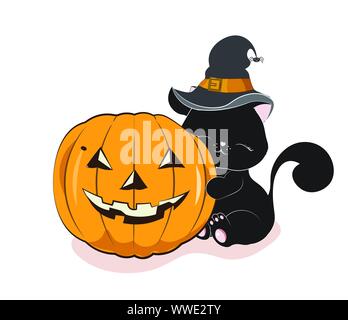 Il bel gatto nero, gattino, in la strega con cappello di un ragno, abbraccia la zucca, il disegno di Halloween Illustrazione Vettoriale