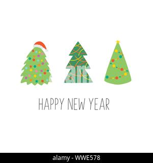 Felice Anno Nuovo. Biglietto di auguri con alberi di Natale Illustrazione Vettoriale