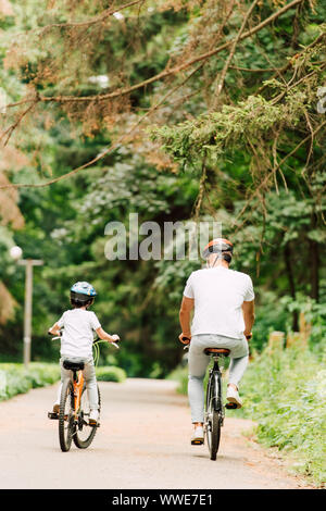 Vista posteriore del padre e figlio di andare in bicicletta sulla strada intorno bosco Foto Stock