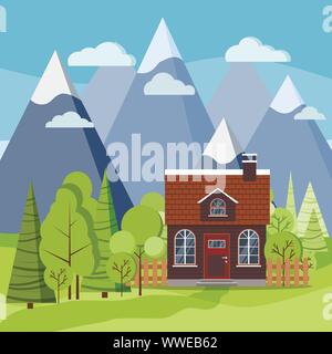 Primavera o estate paesaggio di montagna scena di sfondo con agriturismo Illustrazione Vettoriale
