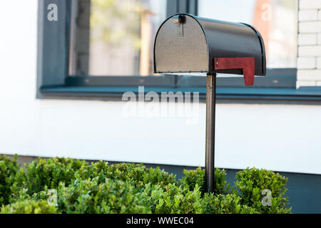 Metallo nero mailbox vicino a cespugli verdi prima di casa Foto Stock