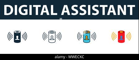 Digital Assistant icona set. Quattro simboli semplici in diversi stili da smart home raccolta di icone. Creative assistente digitale icone riempito, contorno Illustrazione Vettoriale