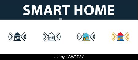 Smart Home icon set. Quattro simboli semplici in diversi stili da smart home raccolta di icone. Creative smart home icone riempito, bordato e colorato Illustrazione Vettoriale