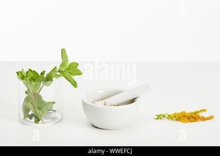 Mortaio e pestello vicino ramoscello oro e vetro con menta fresca su sfondo bianco Foto Stock