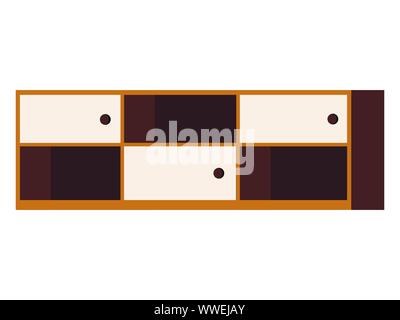 Vector piatta in stile fumetto illustrazione del legno e il ripiano di un rack con porte mobili icona Illustrazione Vettoriale