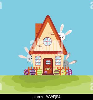 Felice Pasqua house card con tre coniglietti peeking fuori di casa. Illustrazione Vettoriale