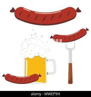 Illustrazione Vettoriale di food design piatto impostare salsiccia, insaccato su una forcella, la salsiccia con un bicchiere di birra icona isolati su sfondo bianco. Illustrazione Vettoriale