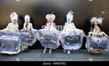 Londra, Regno Unito. Il 15 settembre 2019. Estinzione della ribellione manifestanti da Bristol staging una dimostrazione presso la London Fashion Week evidenziando le loro preoccupazioni per l'ambiente, vestito in vecchio stile parrucche e costumi con messaggi visivi. Credito: Joe Kuis / Alamy News Foto Stock