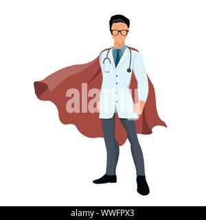 Cartoon super eroe medico con mantello rosso Illustrazione Vettoriale