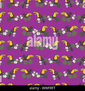 Vettore tropicale viola festa di compleanno seamless pattern sfondo. Con toucan uccelli. Perfetto per tessuto, scrapbooking, sfondo progetti. Illustrazione Vettoriale