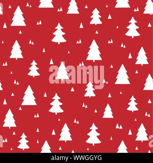 Natale scandinavo seamless pattern. Vettore sfondo rosso con il bianco disegnato a mano alberi di Natale Illustrazione Vettoriale