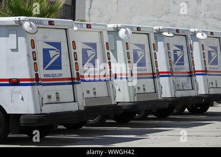 Los Angeles, CA / STATI UNITI D'AMERICA - Agosto 18, 2019: Grumman LLVs (Lunga vita veicoli), di proprietà e gestito dal Servizio Postale degli Stati Uniti (USPS), sono mostrati. Foto Stock