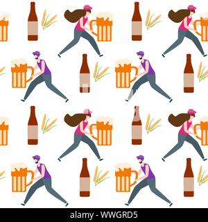 Festive seamless pattern. Illustrazione Vettoriale con persone, birra Boccale da birra, mug, bottiglia, frumento. Birra il concetto di partito. Monaco di Baviera - Festa della birra Oktoberfest. Illustrazione Vettoriale