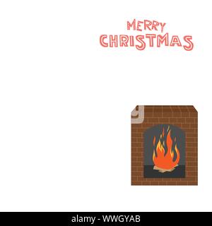 Un ragazzo si trova davanti ad un camino dal fuoco contro lo sfondo di un albero di Natale. Cartoon carino appartamento illustrazione vettoriale isolato su bianco Illustrazione Vettoriale