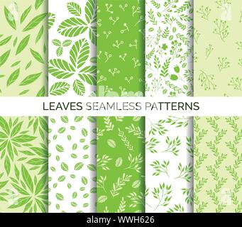 Foglie verdi seamless pattern. Set di sfondi Illustrazione Vettoriale