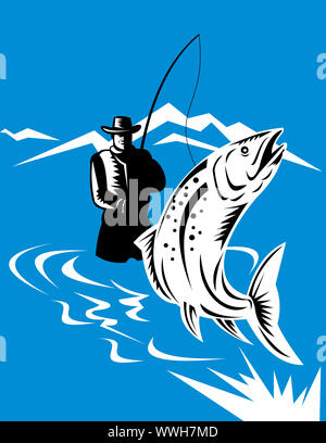 Illustrazione di un pesce trote jumping riavvolta dal pescatore a mosca fatto in stile retrò Foto Stock