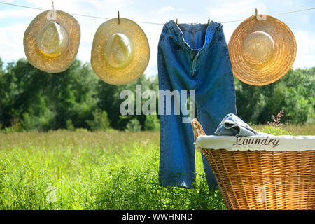 Jeans blu e cappelli di paglia su stendibiancheria in un campo Foto Stock