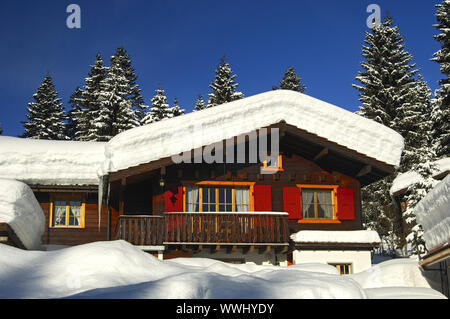 Deep coperte di neve log cabin in corrispondenza del bordo della foresta Foto Stock