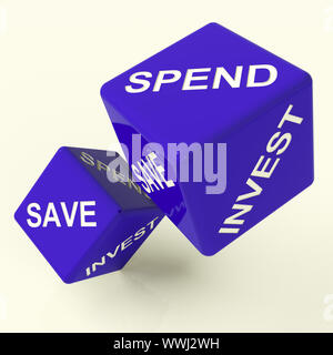 Salvare trascorrere investire dadi blu che mostra le scelte di denaro Foto Stock