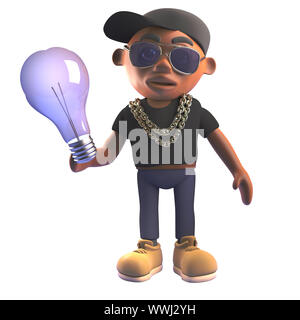 3D fumetto nero rapper hiphop in berretto da baseball in possesso di una lampadina ad incandescenza, 3D render illustrazione Foto Stock