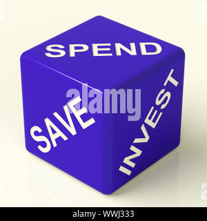 Salvare trascorrere investire dadi blu che mostra le scelte finanziarie Foto Stock