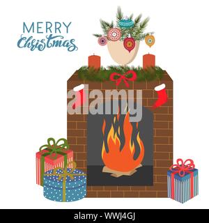 Camino di Natale con una ghirlanda e calze e doni. Piatto Cartoon carino illustrazione vettoriale isolato su uno sfondo bianco. Illustrazione Vettoriale