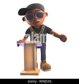 3D fumetto black hiphop artista rap carattere nel cappello da baseball insegna al leggio, 3D render illustrazione Foto Stock
