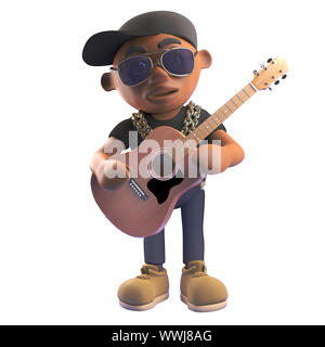 Cartoon 3d nero rapper hiphop in berretto da baseball suonando una chitarra acustica, 3D render illustrazione Foto Stock